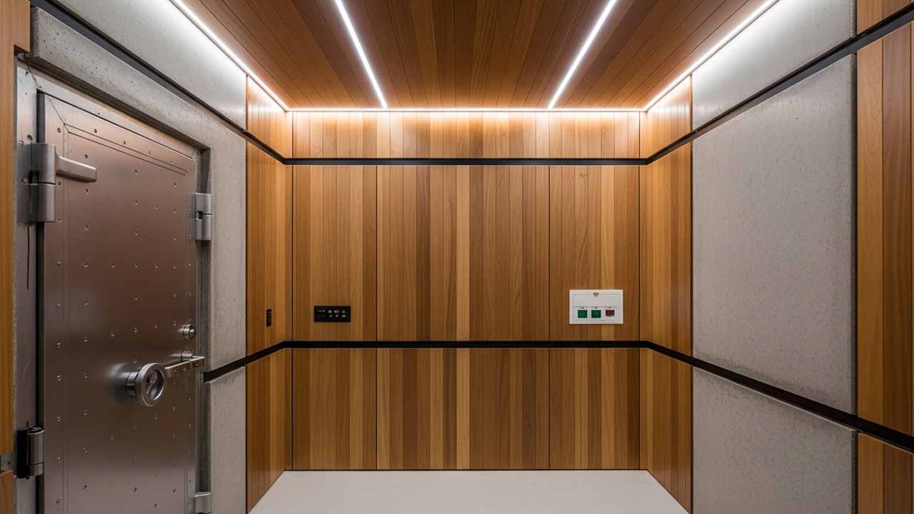 High-definition image of a storm-resistant safe room interior in a Brisbane home featuring reinforced walls, LED lighting, and timber finishes, built by Ozi Safe Rooms Australia.